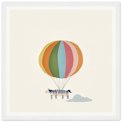 Colorful striped hot air balloon with zebra basket in framed canvas art for Psychedelic Airborne Menagerie