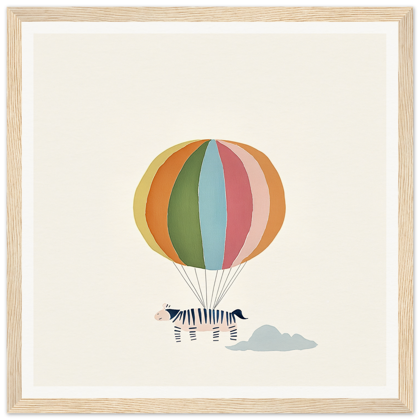 Colorful striped hot air balloon with zebra beneath, framed canvas art by Psychedelic Airborne Menagerie