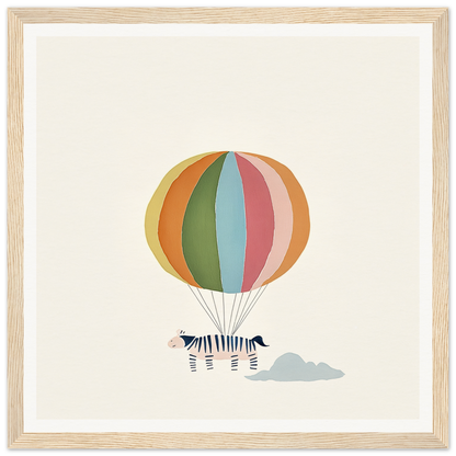 Colorful striped hot air balloon with zebra beneath, framed canvas art by Psychedelic Airborne Menagerie