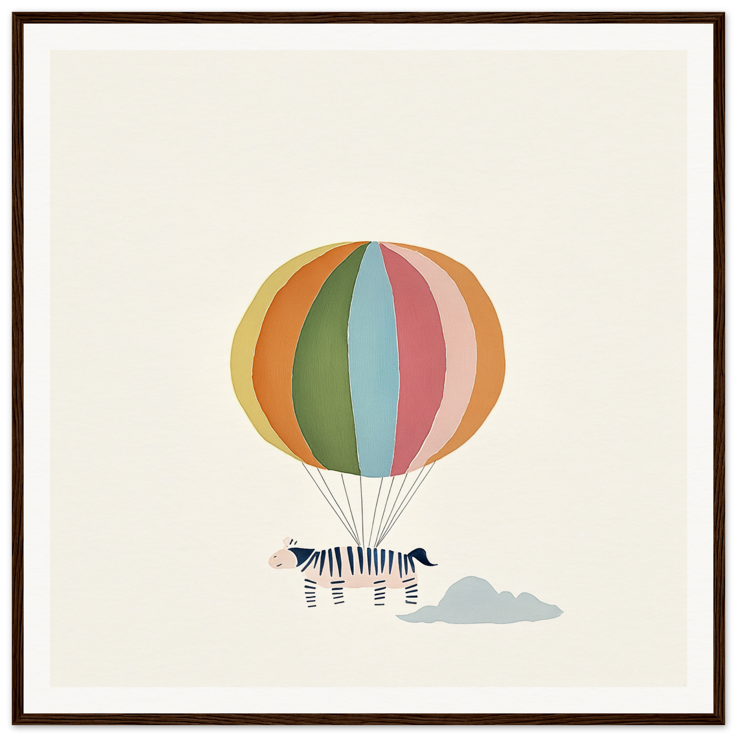 Striped Zebra suspended from colorful hot air balloon in framed canvas art