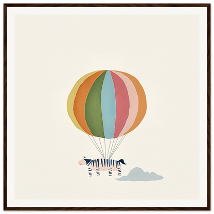 Striped Zebra suspended from colorful hot air balloon in framed canvas art