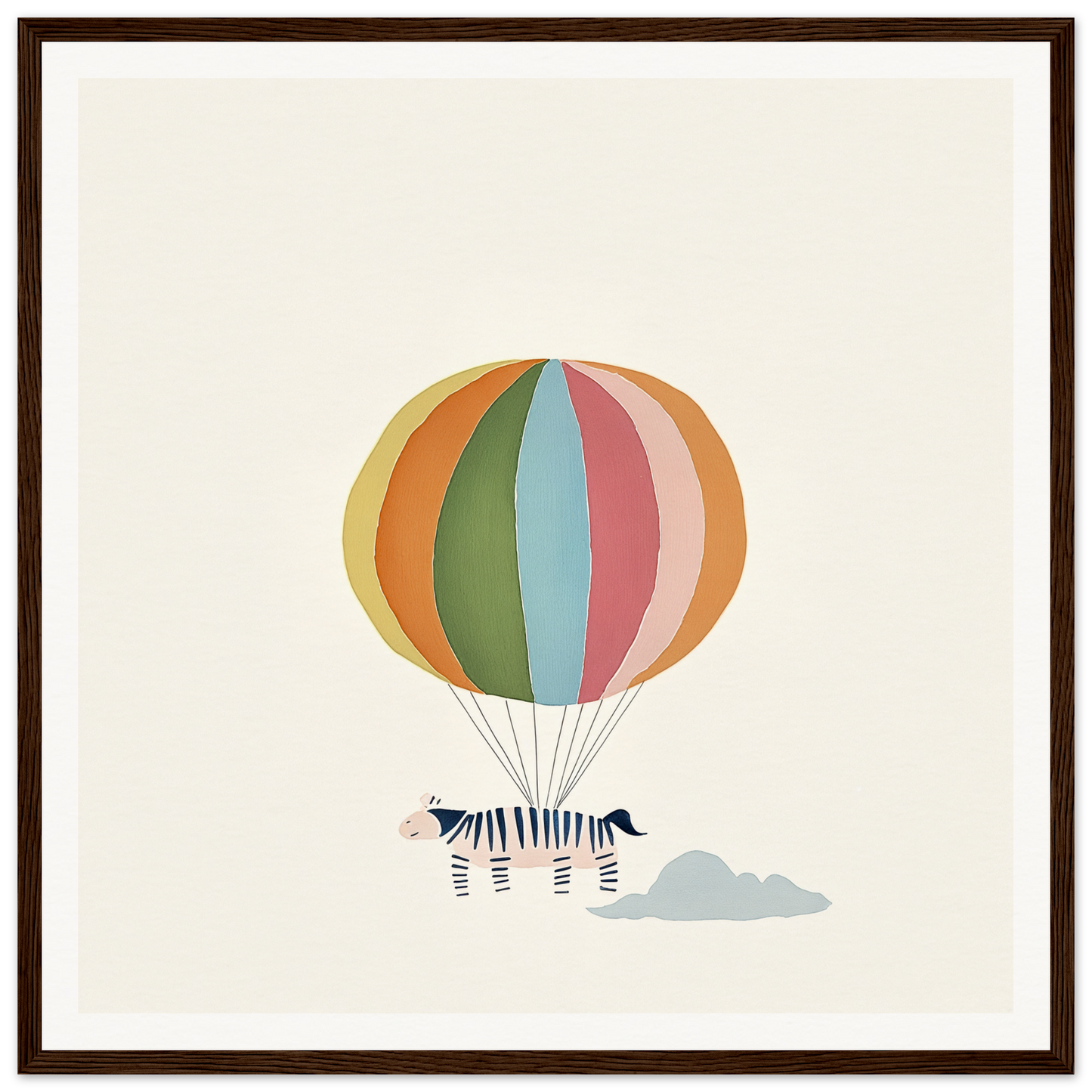 Striped zebra in a colorful hot air balloon, featured in Framed Canvas Art collection