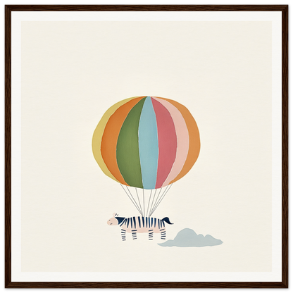 Striped zebra in a colorful hot air balloon, featured in Framed Canvas Art collection