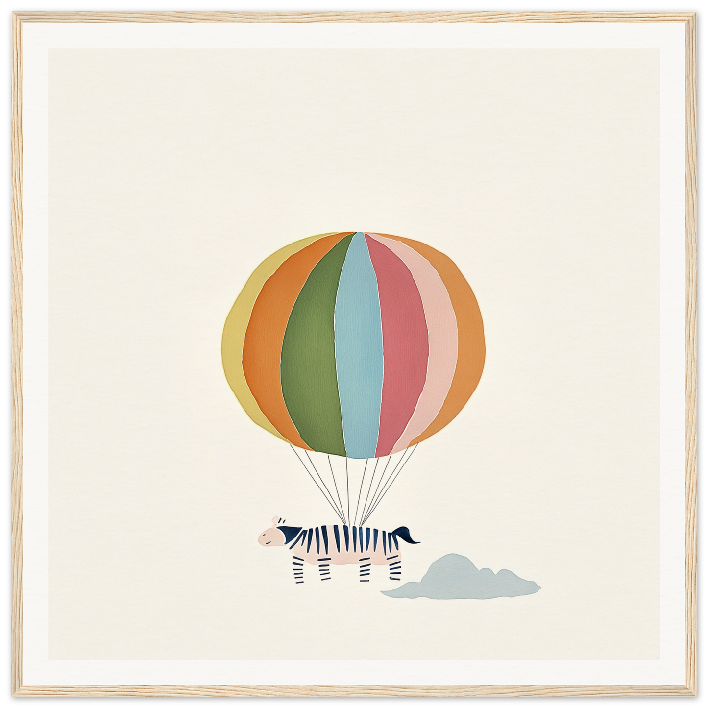 Framed canvas art featuring a striped zebra suspended by a colorful hot air balloon