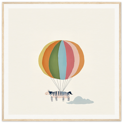 Framed canvas art featuring a striped zebra suspended by a colorful hot air balloon