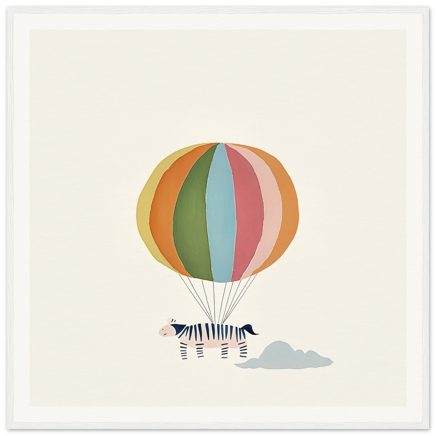 Striped zebra floating with colorful hot air balloon in Psychedelic Airborne Menagerie framed canvas art