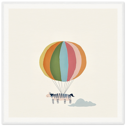 Striped zebra floating with colorful hot air balloon in Psychedelic Airborne Menagerie framed canvas art