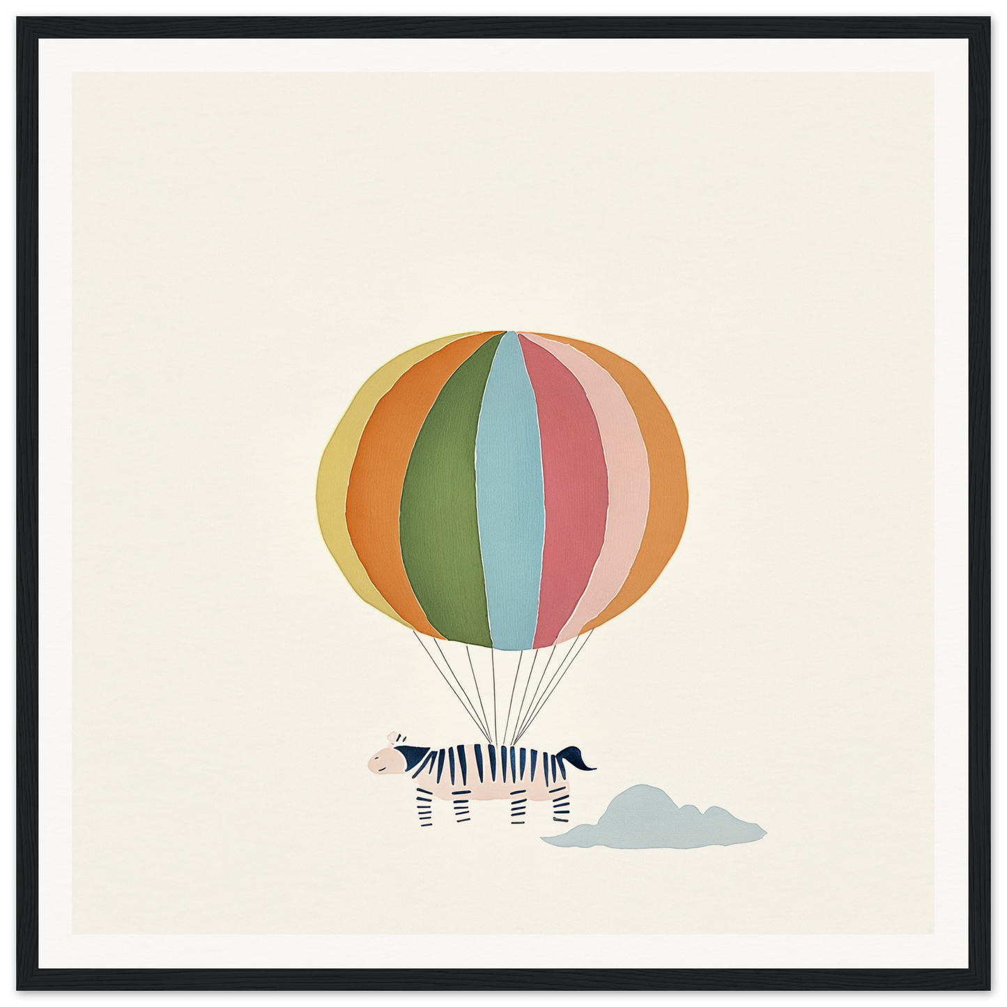 Striped zebra suspended by a colorful hot air balloon in framed canvas art