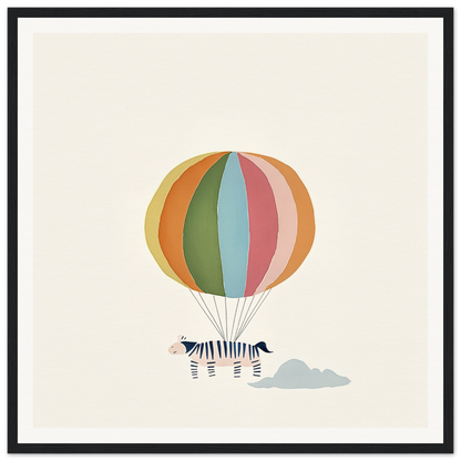 Striped zebra suspended by a colorful hot air balloon in framed canvas art