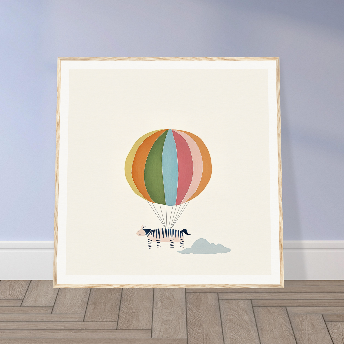 Colorful striped hot air balloon with zebras in basket, framed canvas art for decor