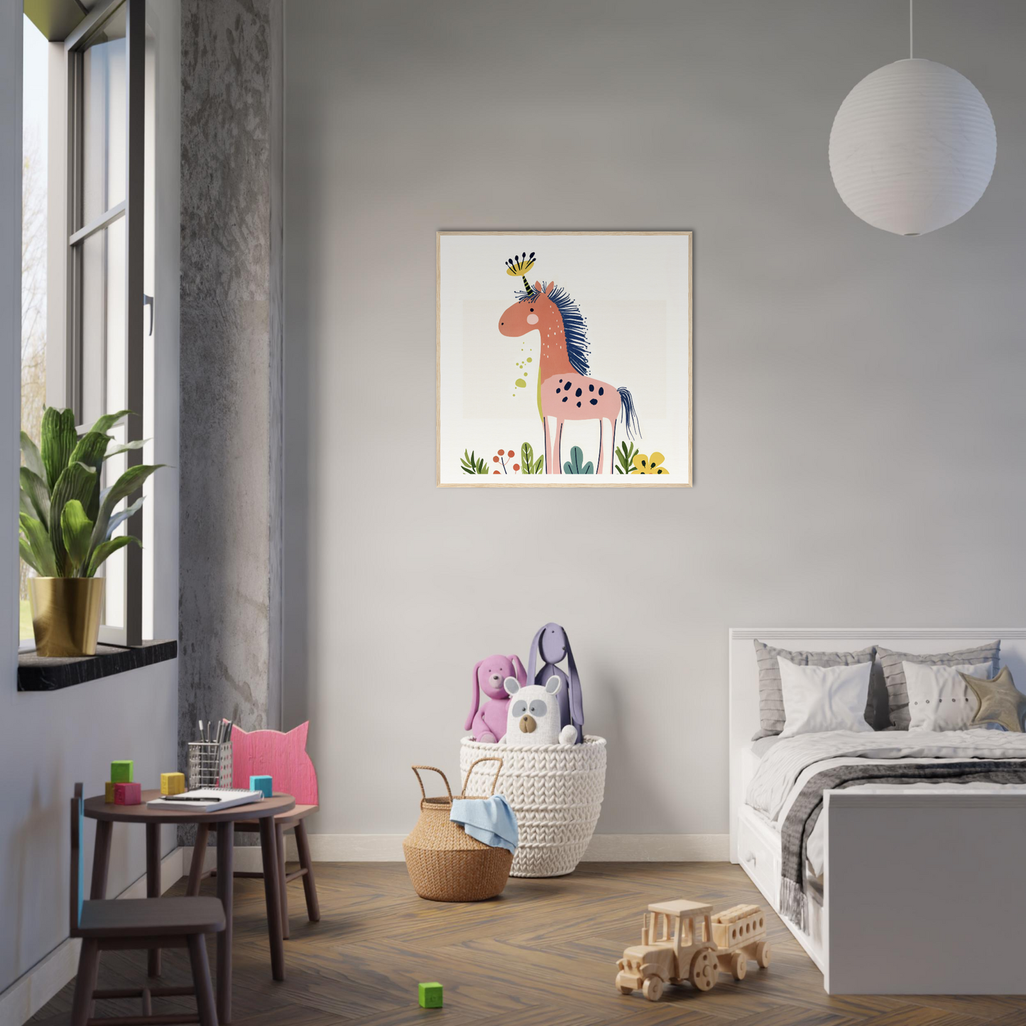 Whimsical giraffe artwork with pink and blue spots in Psychedelic Creature Dreaming