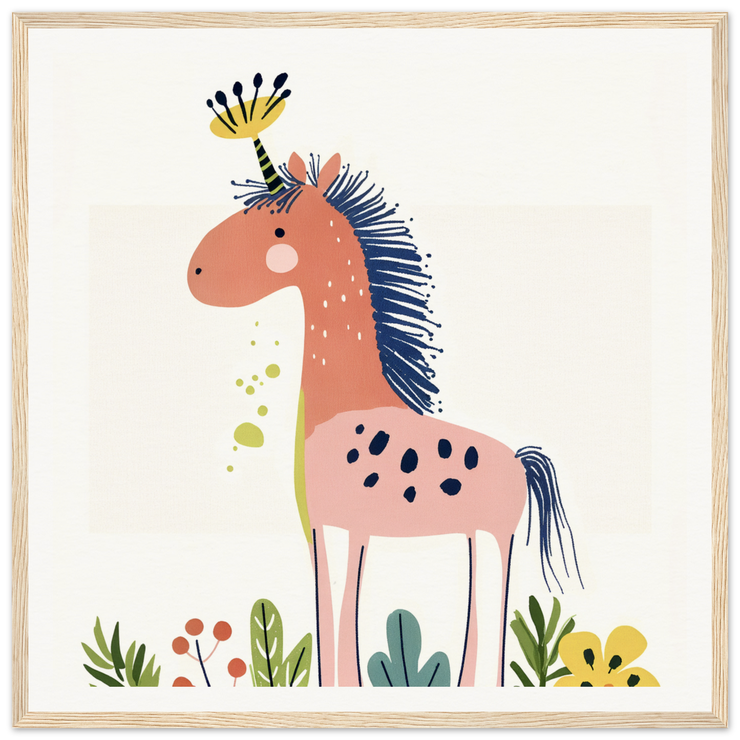 Pink spotted horse with blue mane and yellow feathers from Psychedelic Creature Dreaming