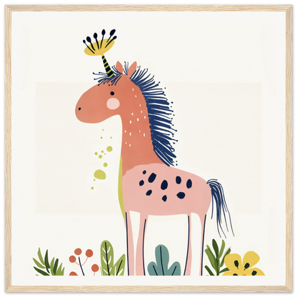 Pink spotted horse with blue mane and yellow feathers from Psychedelic Creature Dreaming