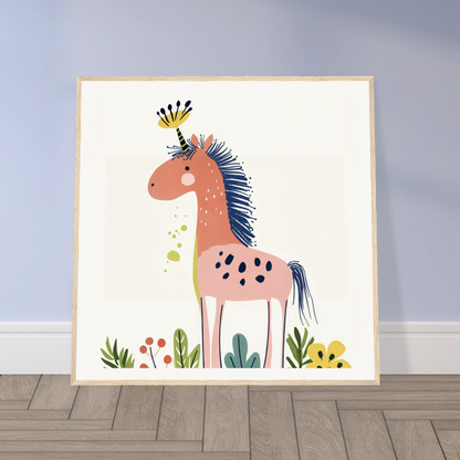 Whimsical pink horse with blue mohawk in Psychedelic Creature Dreaming art piece