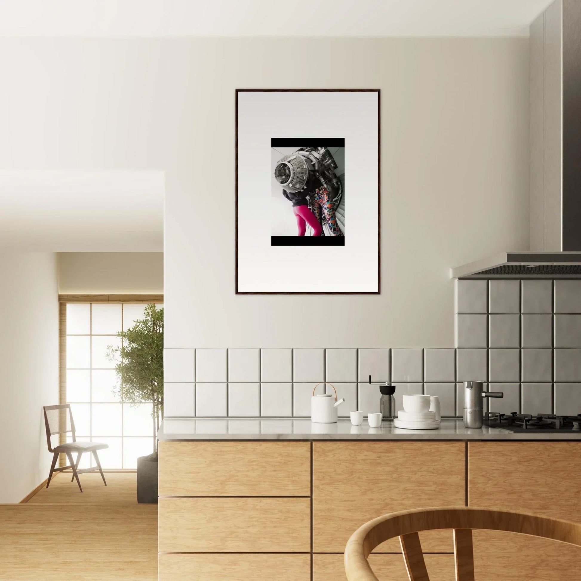 Framed black and white dog photo with pink tongue, perfect for Magneto Embrace room decor