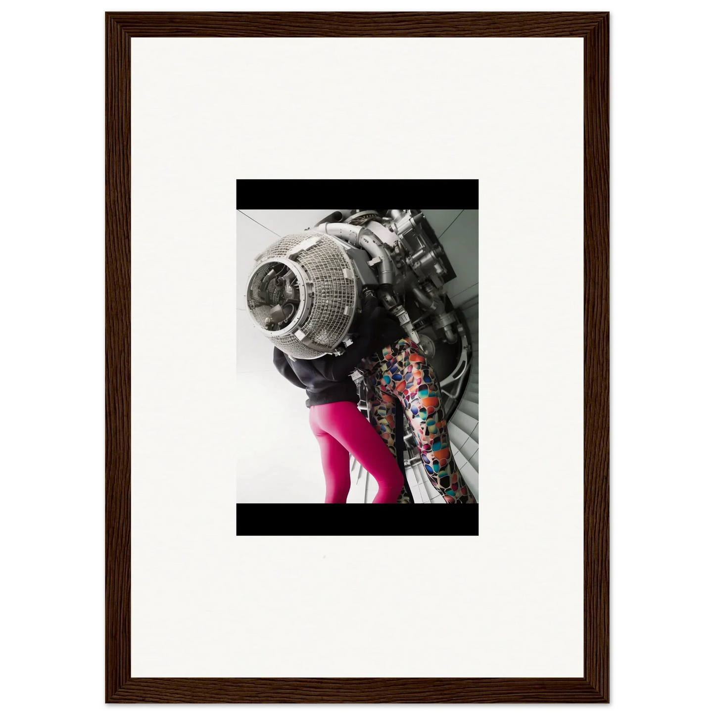 Framed wall art of a person in a metallic helmet and colorful clothing for Magneto Embrace room decor