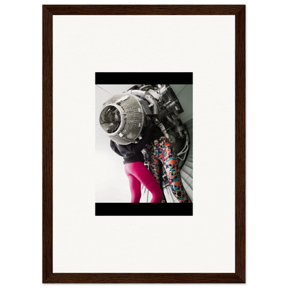 Framed wall art of a person in a metallic helmet and colorful clothing for Magneto Embrace room decor