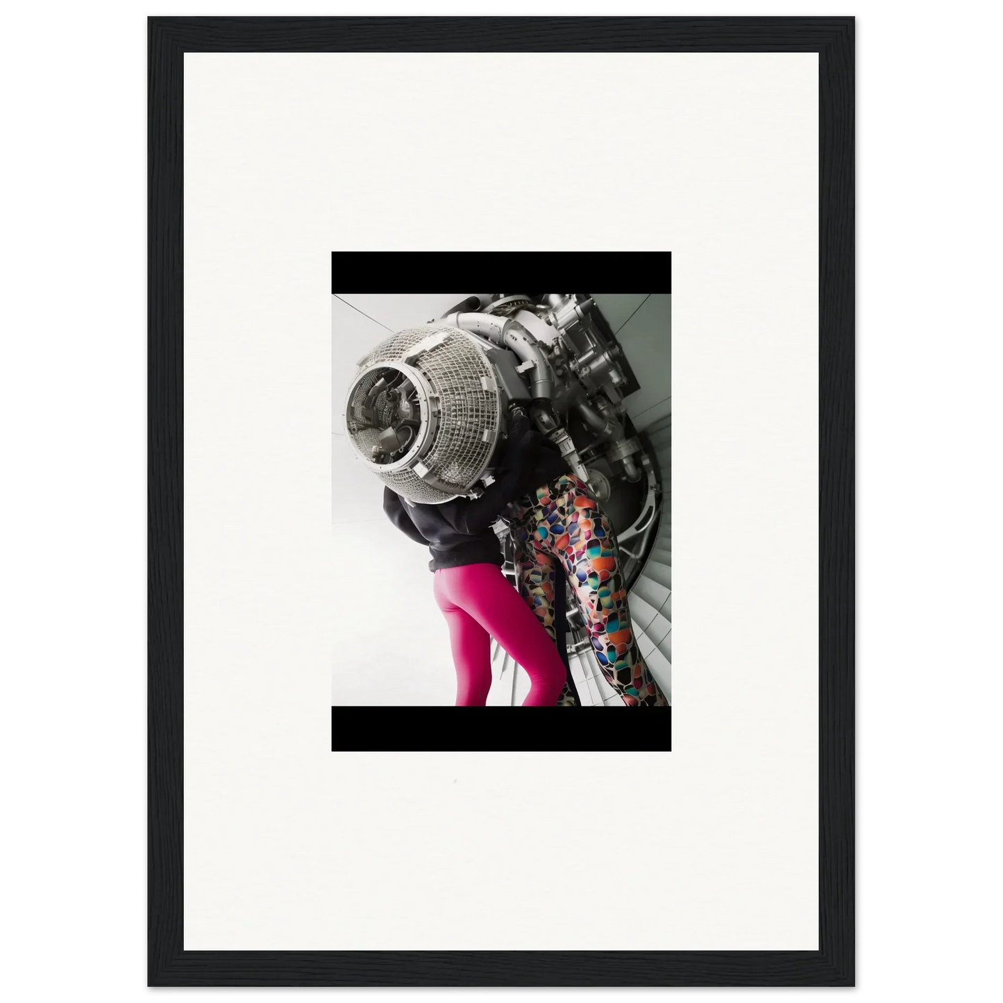 Framed black-and-white wall art of a person in a metallic helmet and colorful attire for room decor