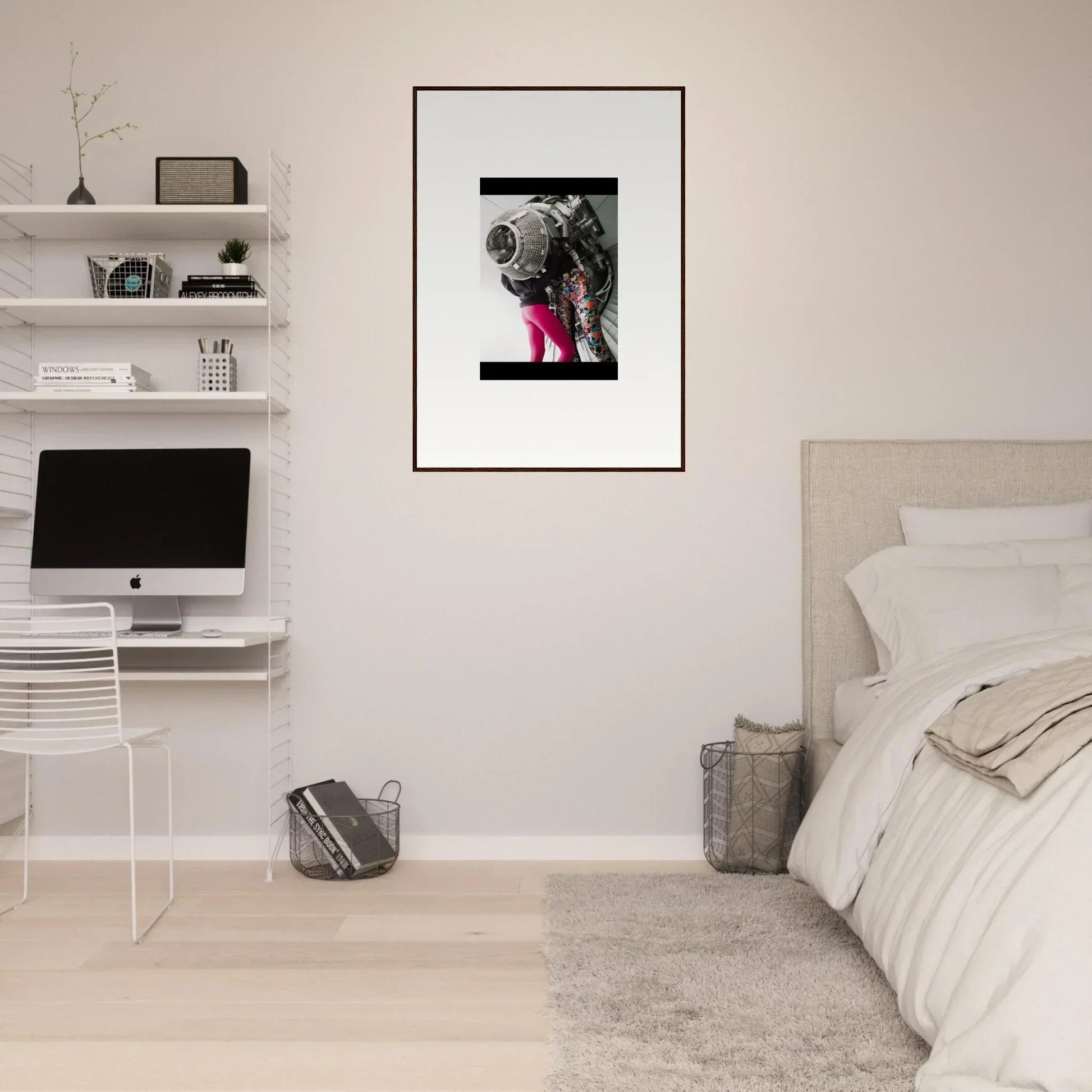 Framed black and white Magneto Embrace photograph with pink accents for stylish room decor