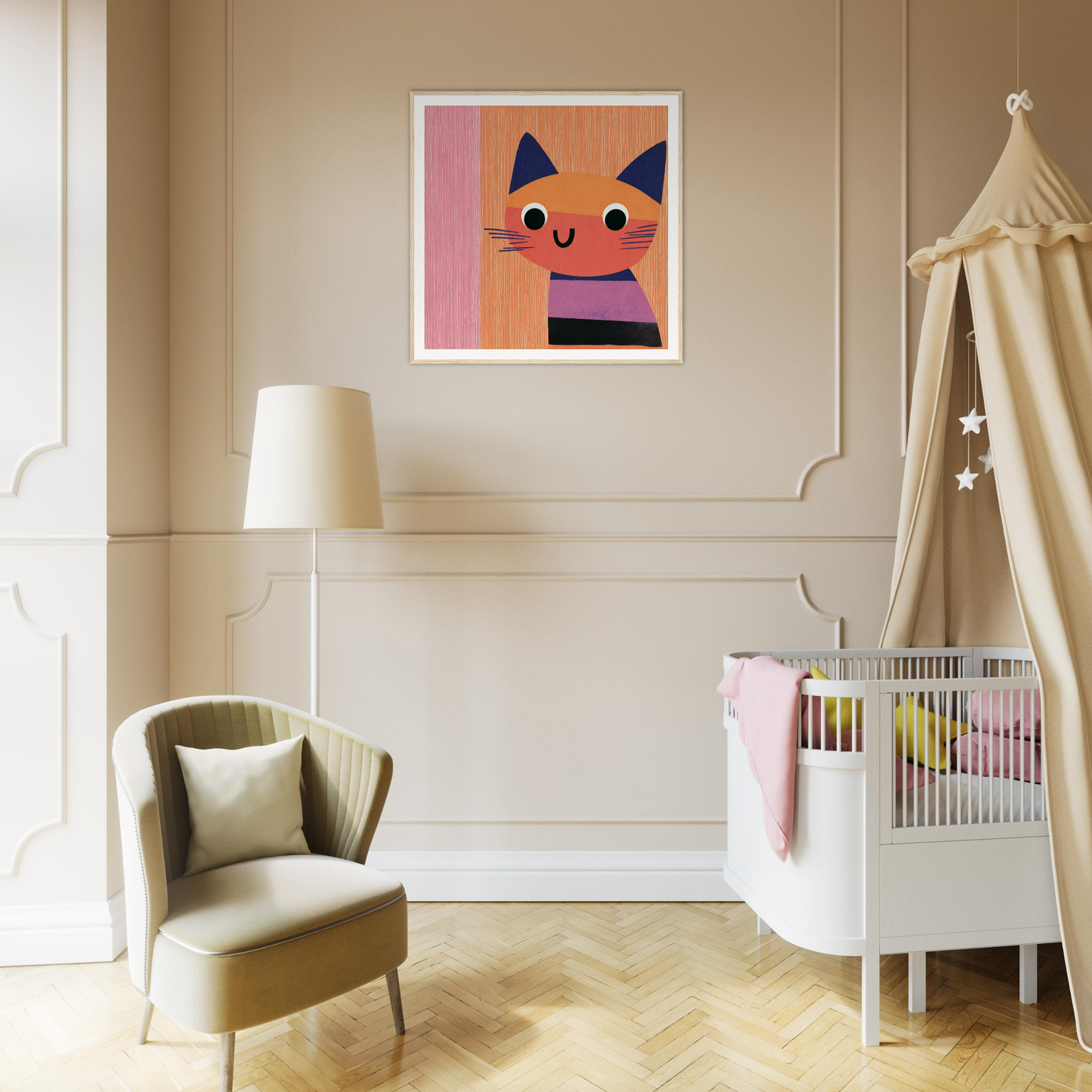 Cozy nursery with Psychedelic Purring Whimsy special edition art and armchair