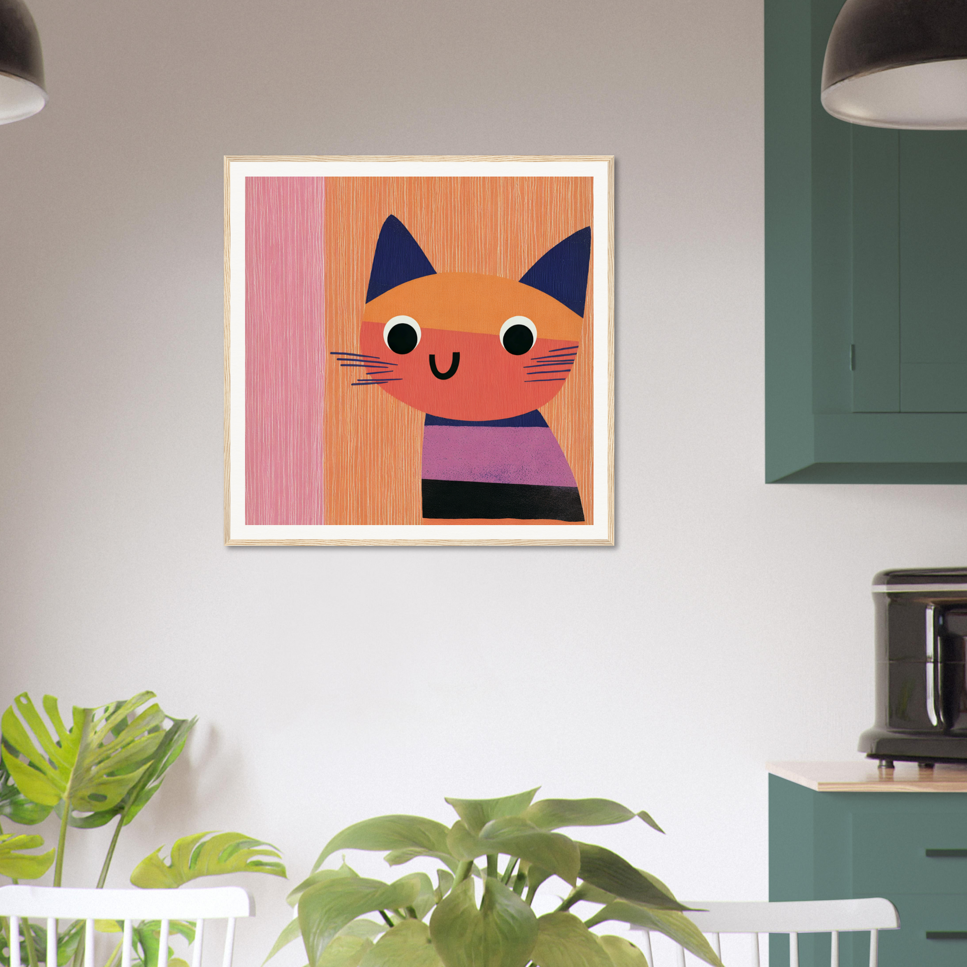 Framed cartoon illustration of a smiling orange cat in a purple shirt from Special Edition Art