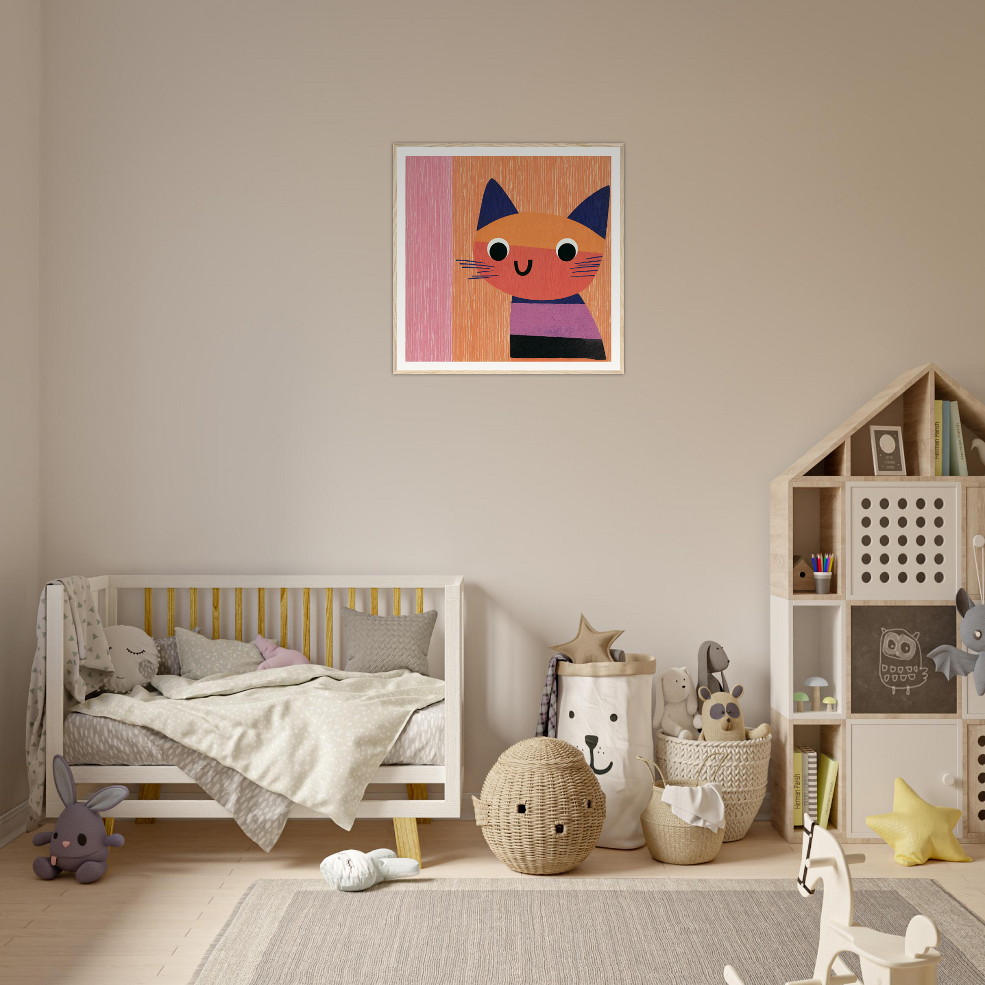 Cozy nursery featuring Psychedelic Purring Whimsy special edition art™ and storage baskets