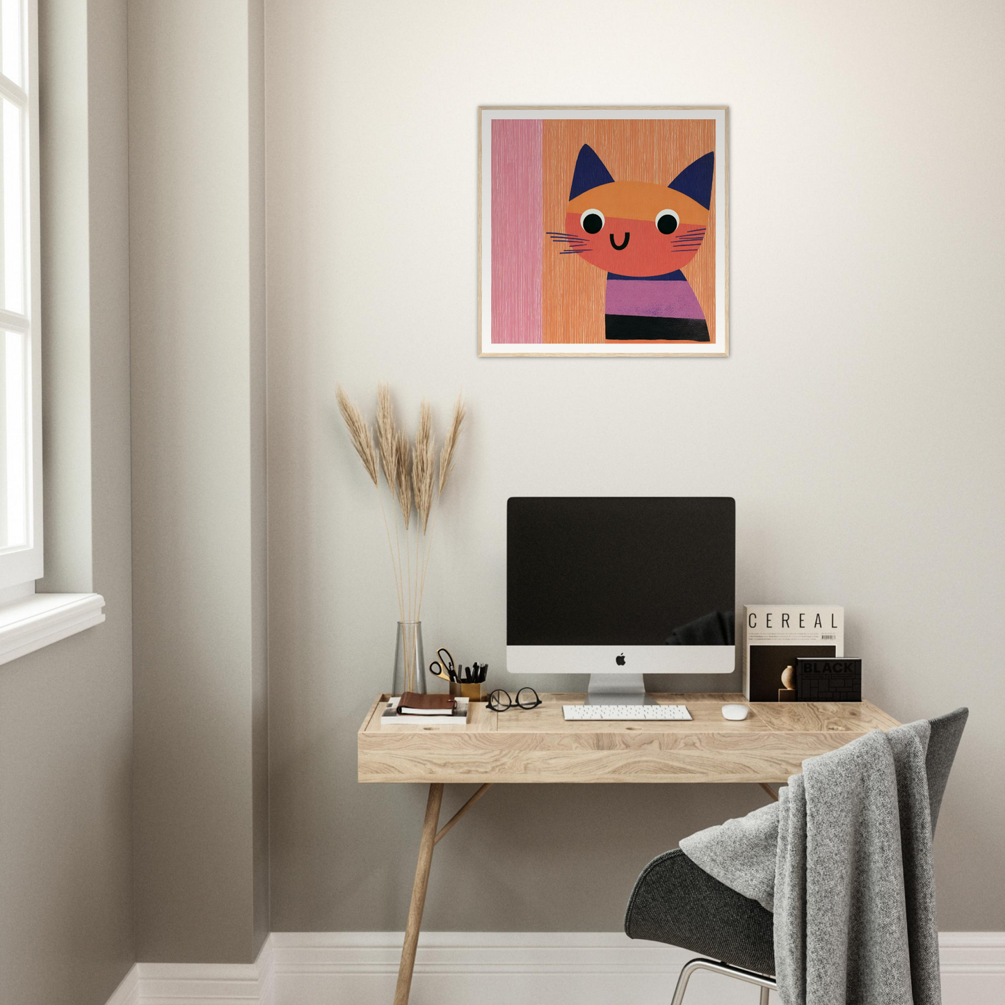 Minimalist wooden desk with iMac and Psychedelic Purring Whimsy special edition art™