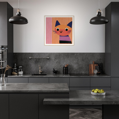 Modern dark gray kitchen featuring special edition art™ of a whimsical cat