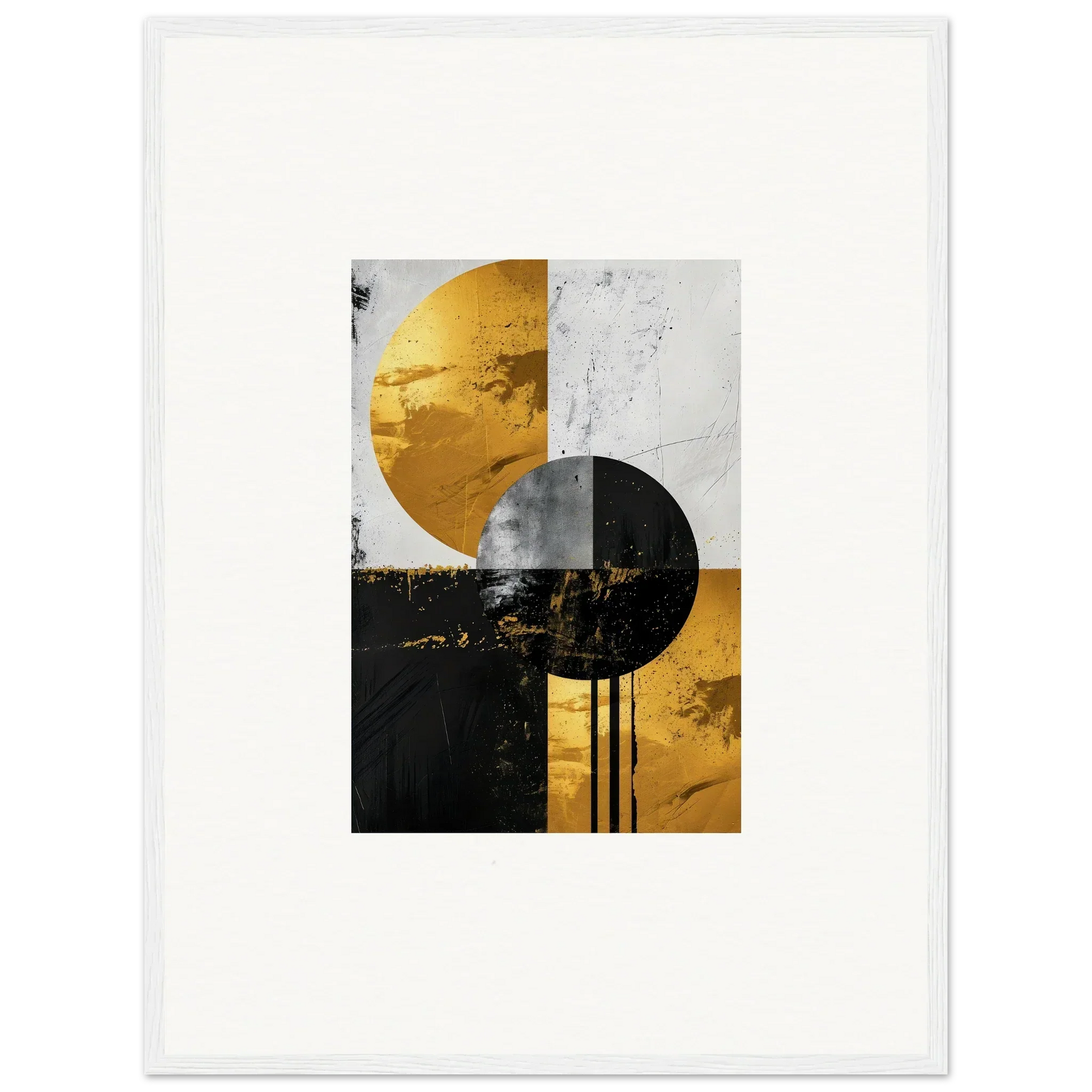 Abstract geometric artwork of overlapping circles in gold, black, and white for Golden Dreams room decor