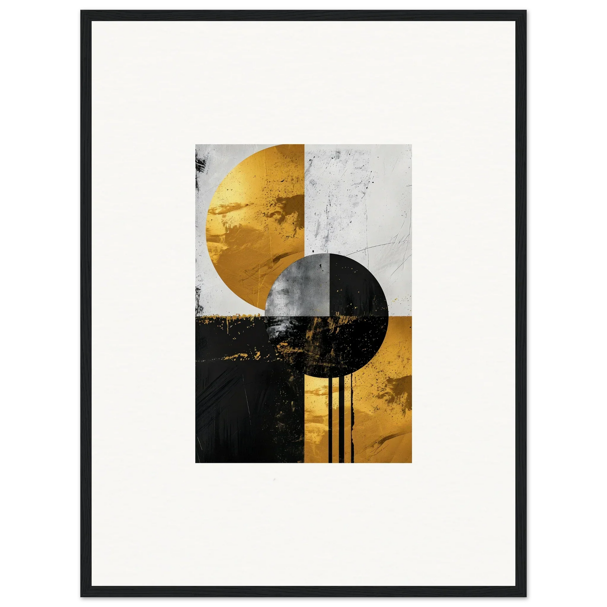 Abstract geometric artwork with overlapping gold, black, and white circles for room decor