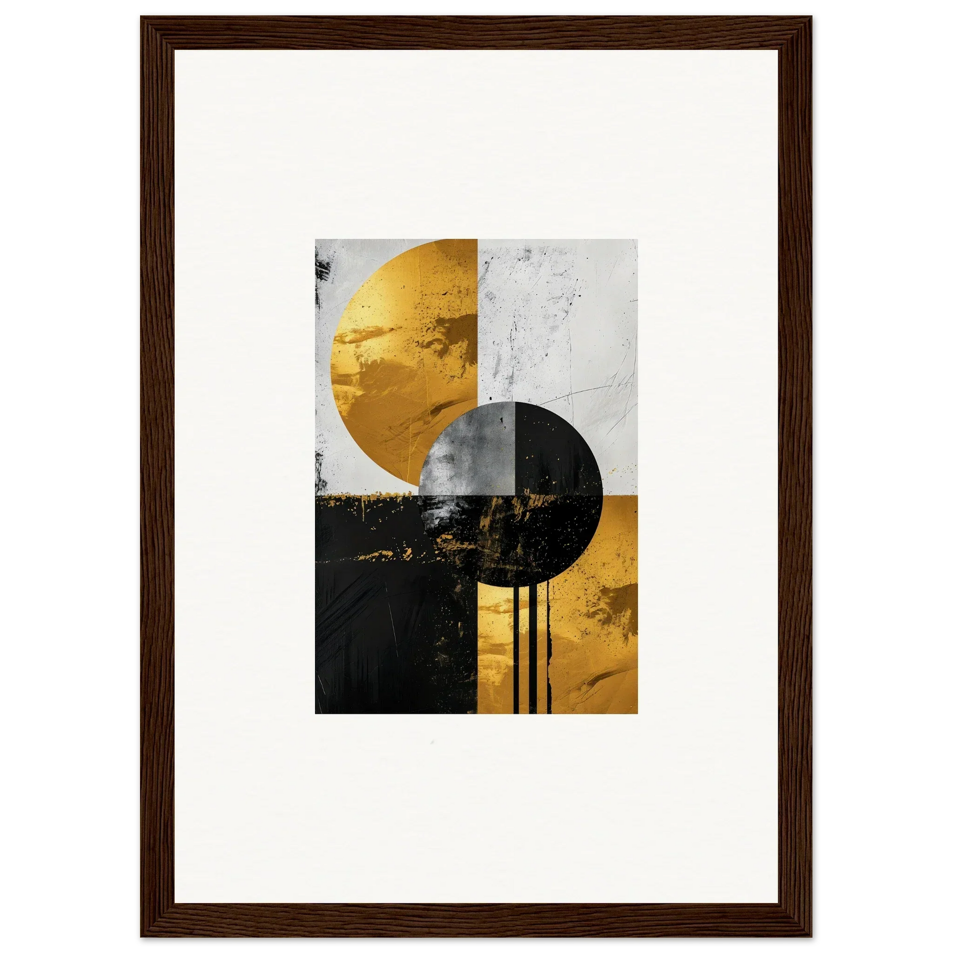 Abstract geometric artwork of overlapping circles in gold and gray for golden dreams room decor