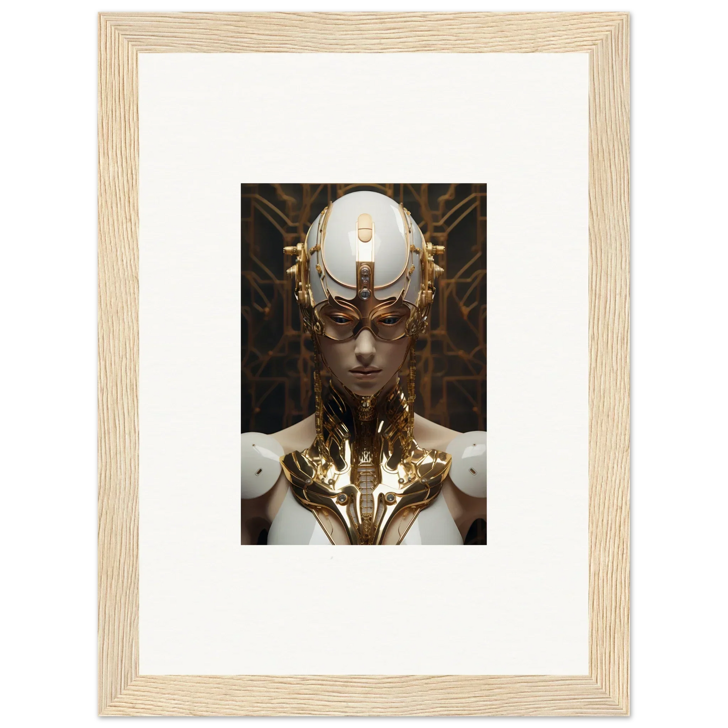 Futuristic humanoid with golden headdress in Quantum Hamlet Vanguard framed wall art