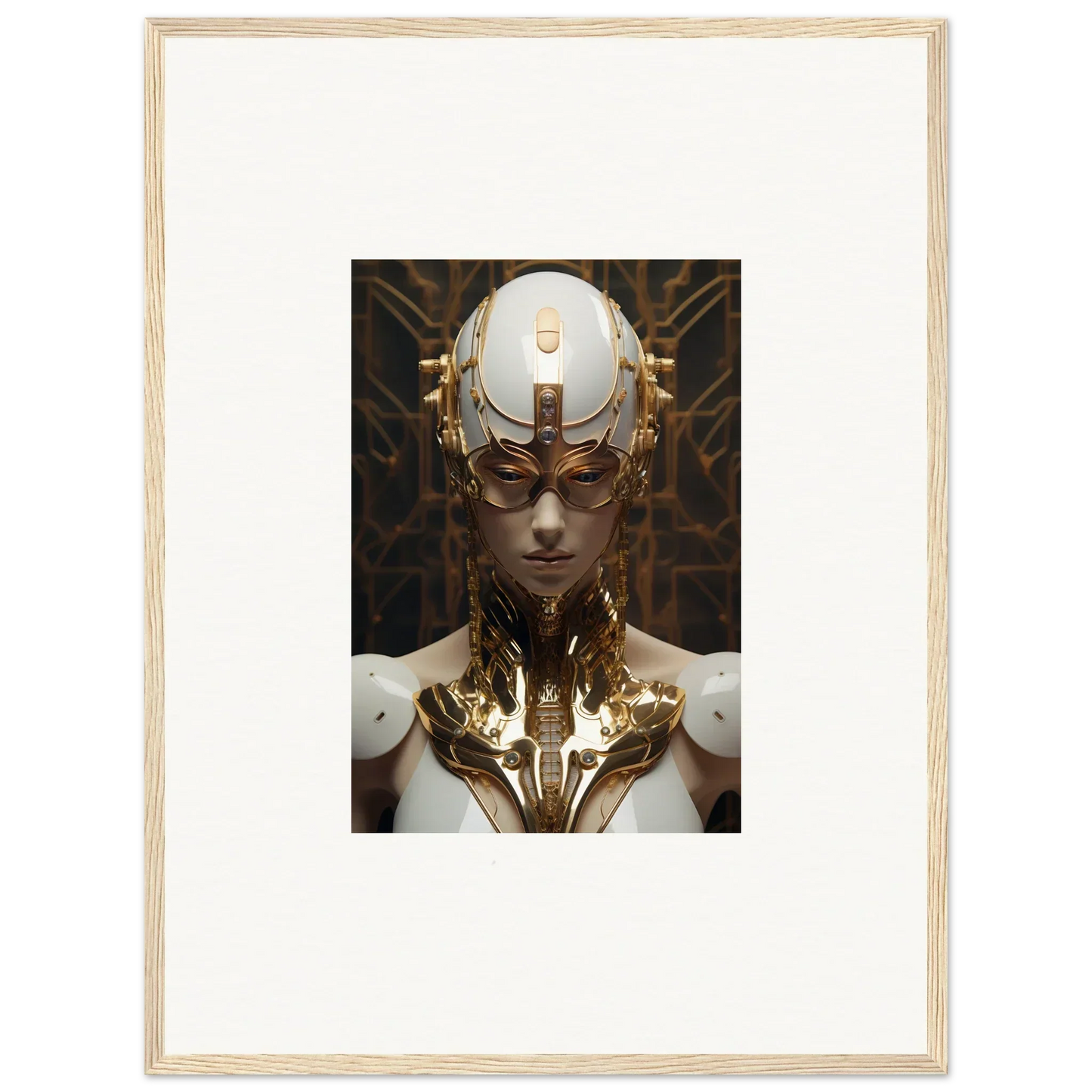 Futuristic humanoid figure with golden enhancements for Hamlet Vanguard room decor