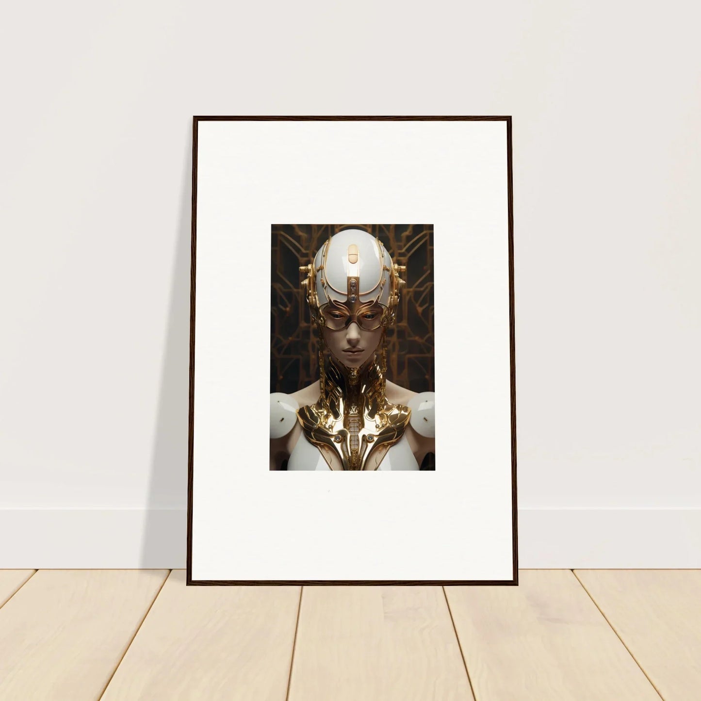 Framed wall art of a cybernetic humanoid, perfect for Quantum Hamlet Vanguard room decor