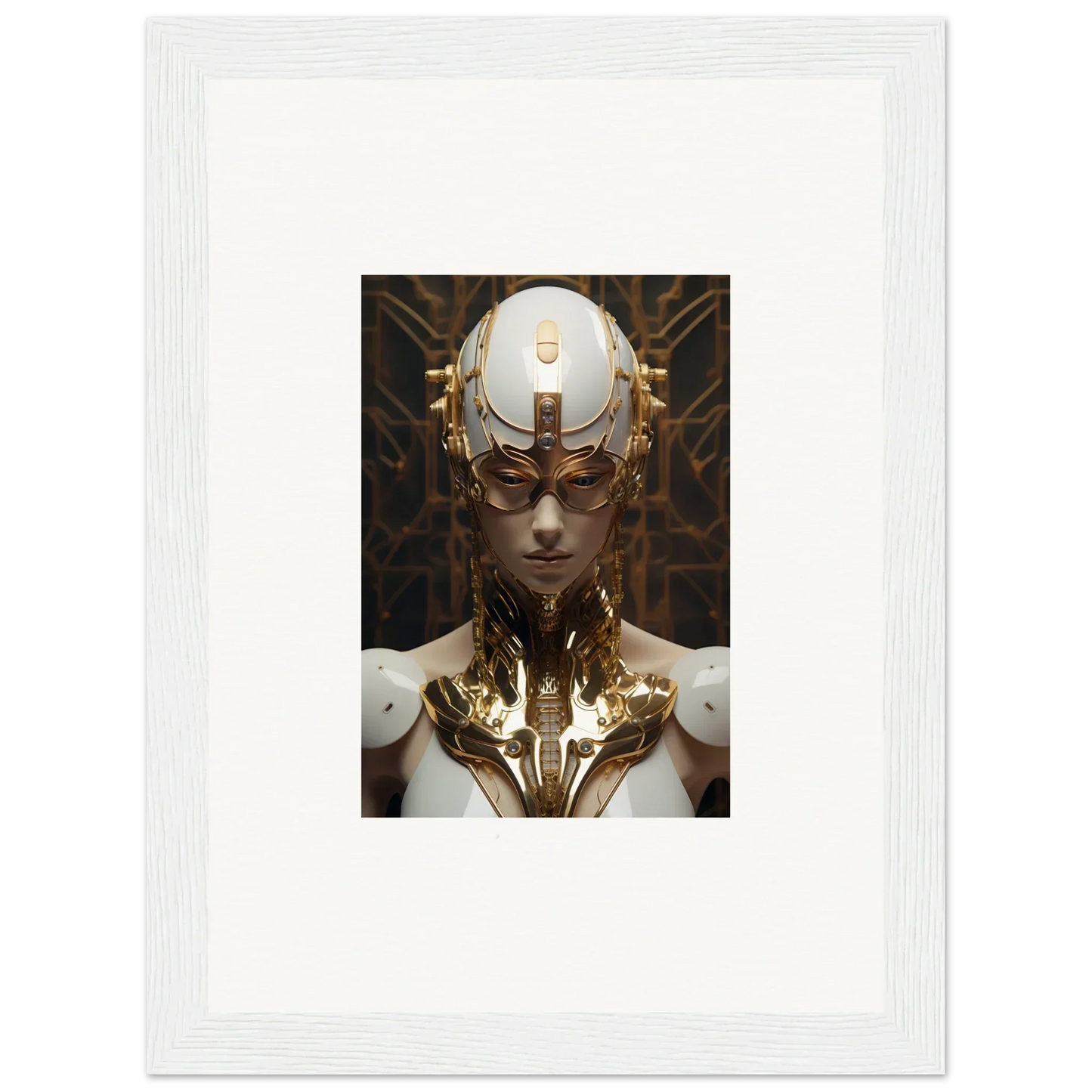 Futuristic humanoid with golden cybernetics in Quantum Hamlet Vanguard framed wall art