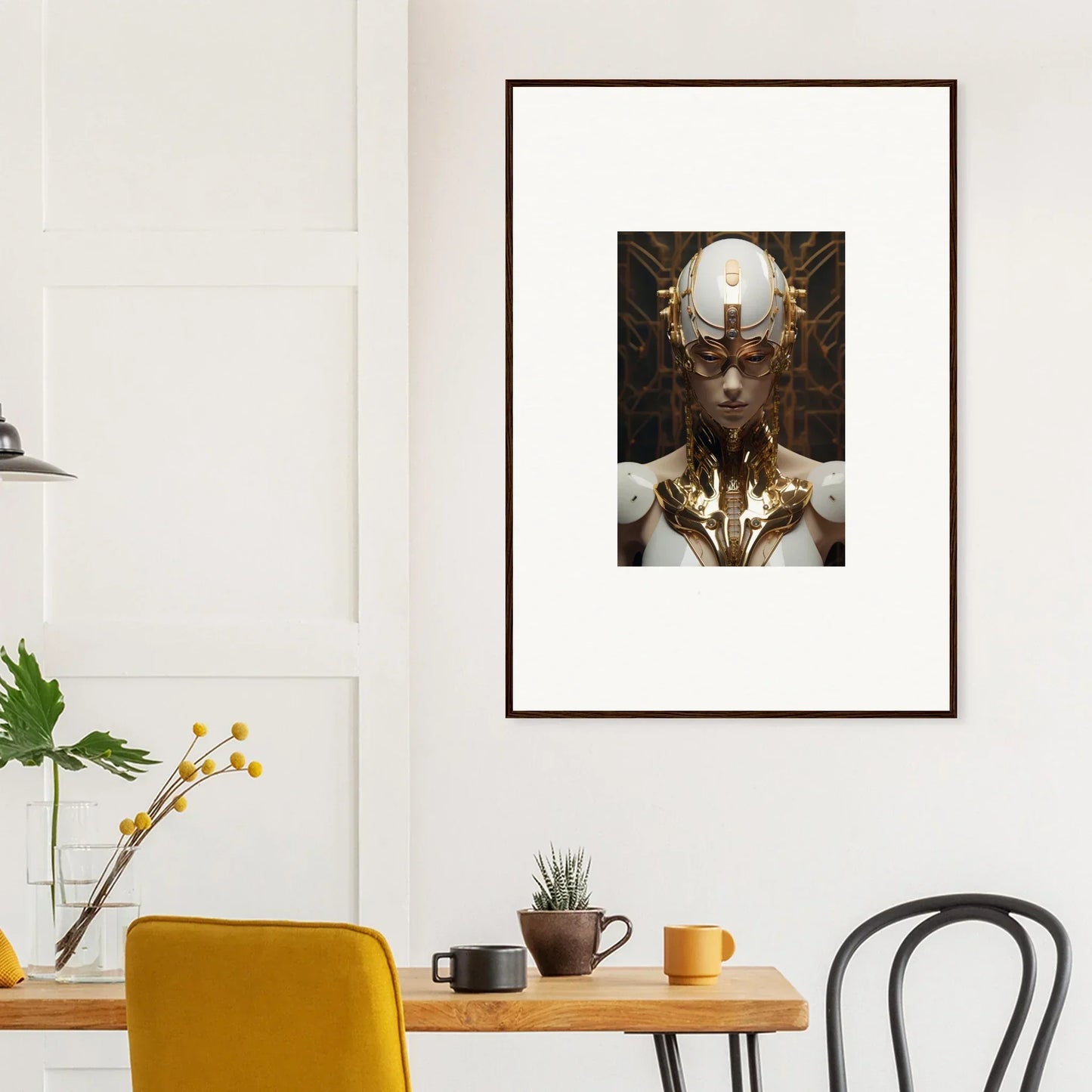 Framed wall art of a surreal Cyberpunk humanoid, perfect for Hamlet Vanguard room decor