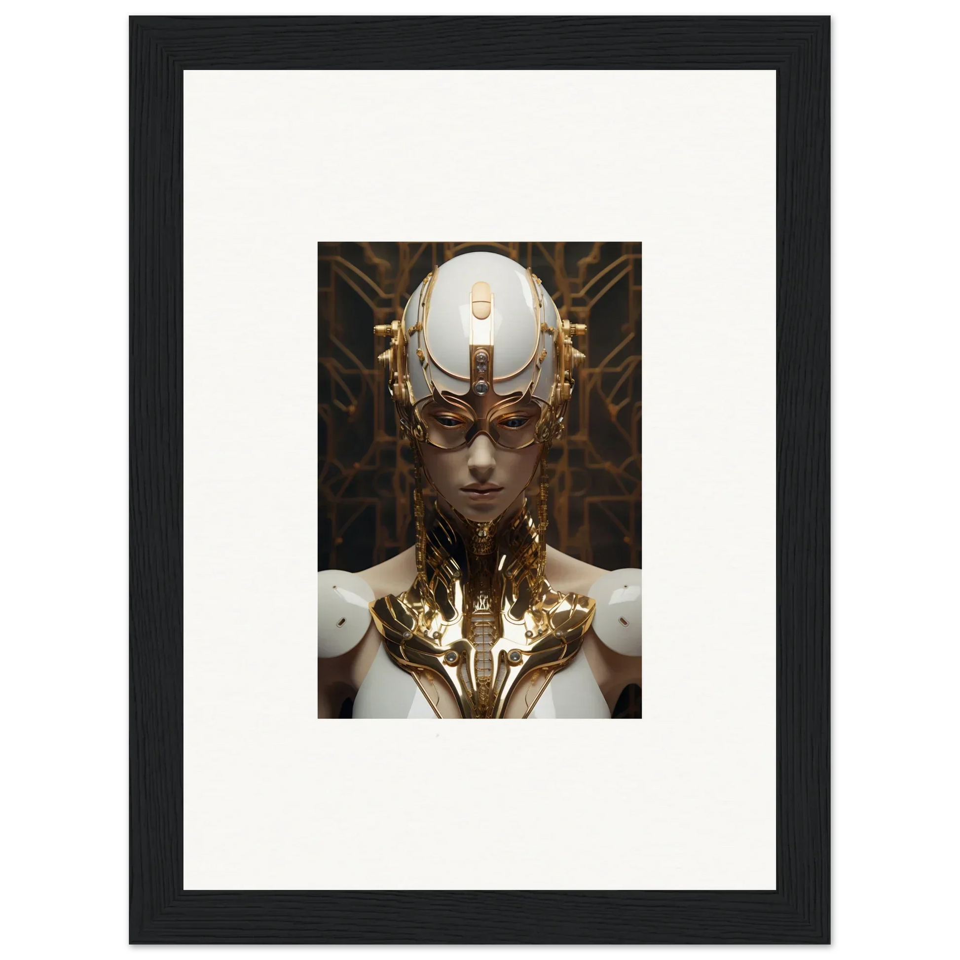 Futuristic humanoid figure with gold and white cybernetic enhancements for Hamlet Vanguard room decor