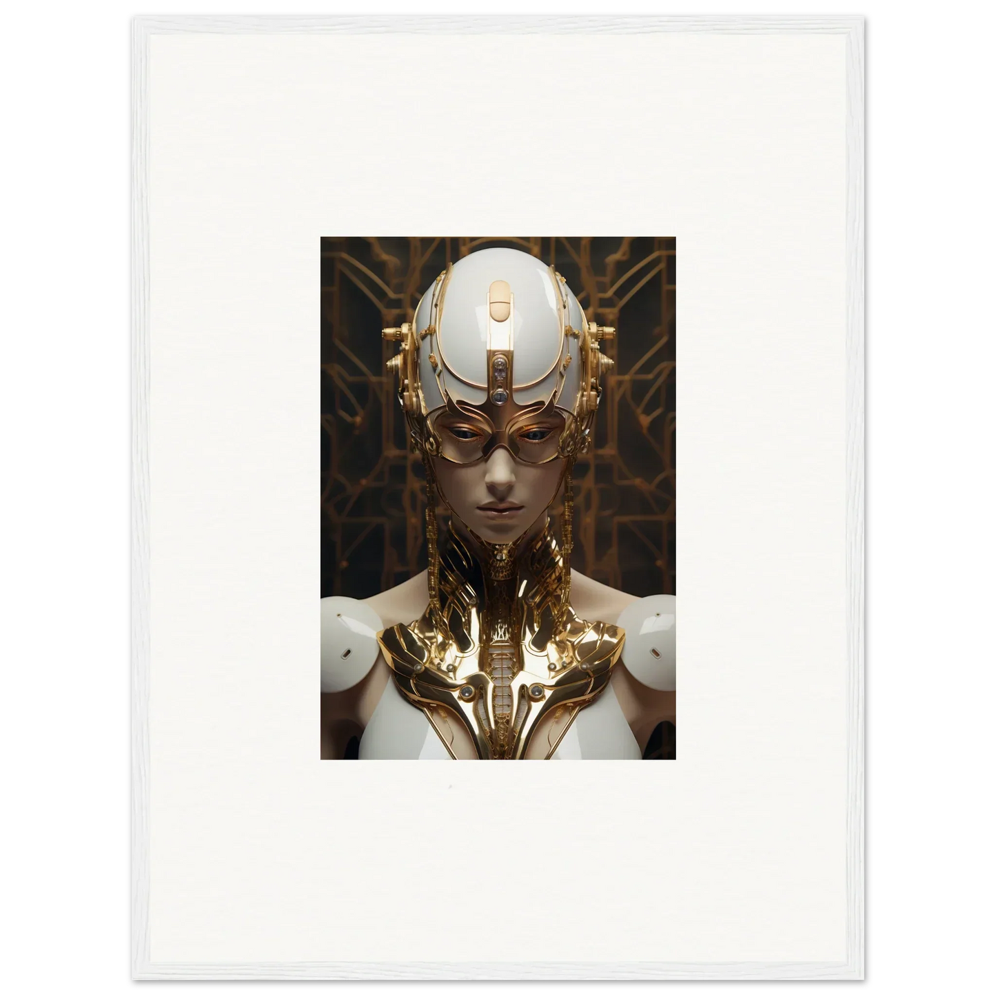 Futuristic humanoid figure in white and gold as unique Hamlet Vanguard wall art