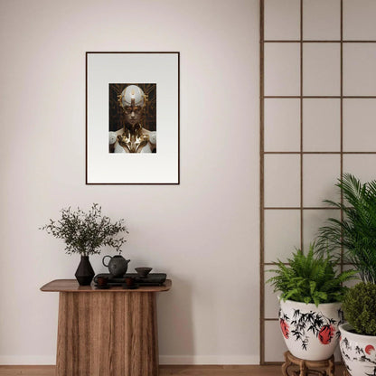 Framed wall art of a surreal metallic humanoid in Quantum Hamlet Vanguard design