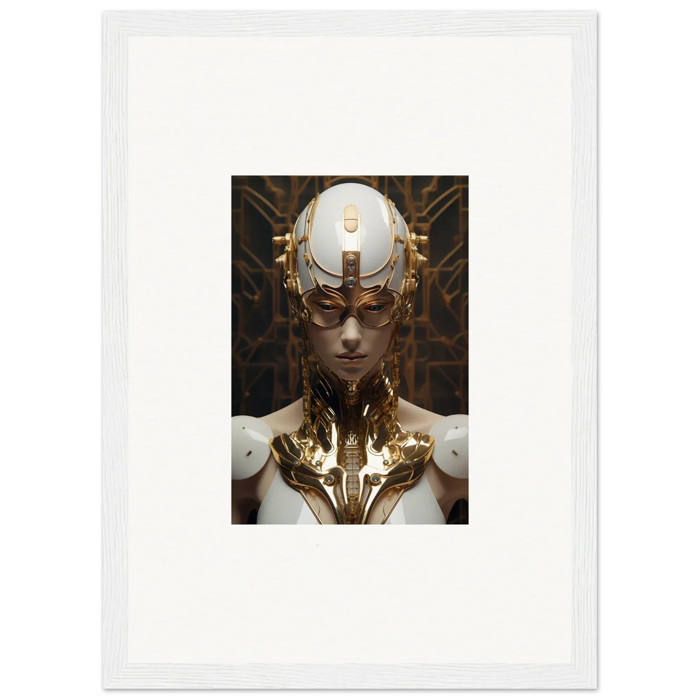 Futuristic humanoid figure with gold headdress for Quantum Hamlet Vanguard wall art