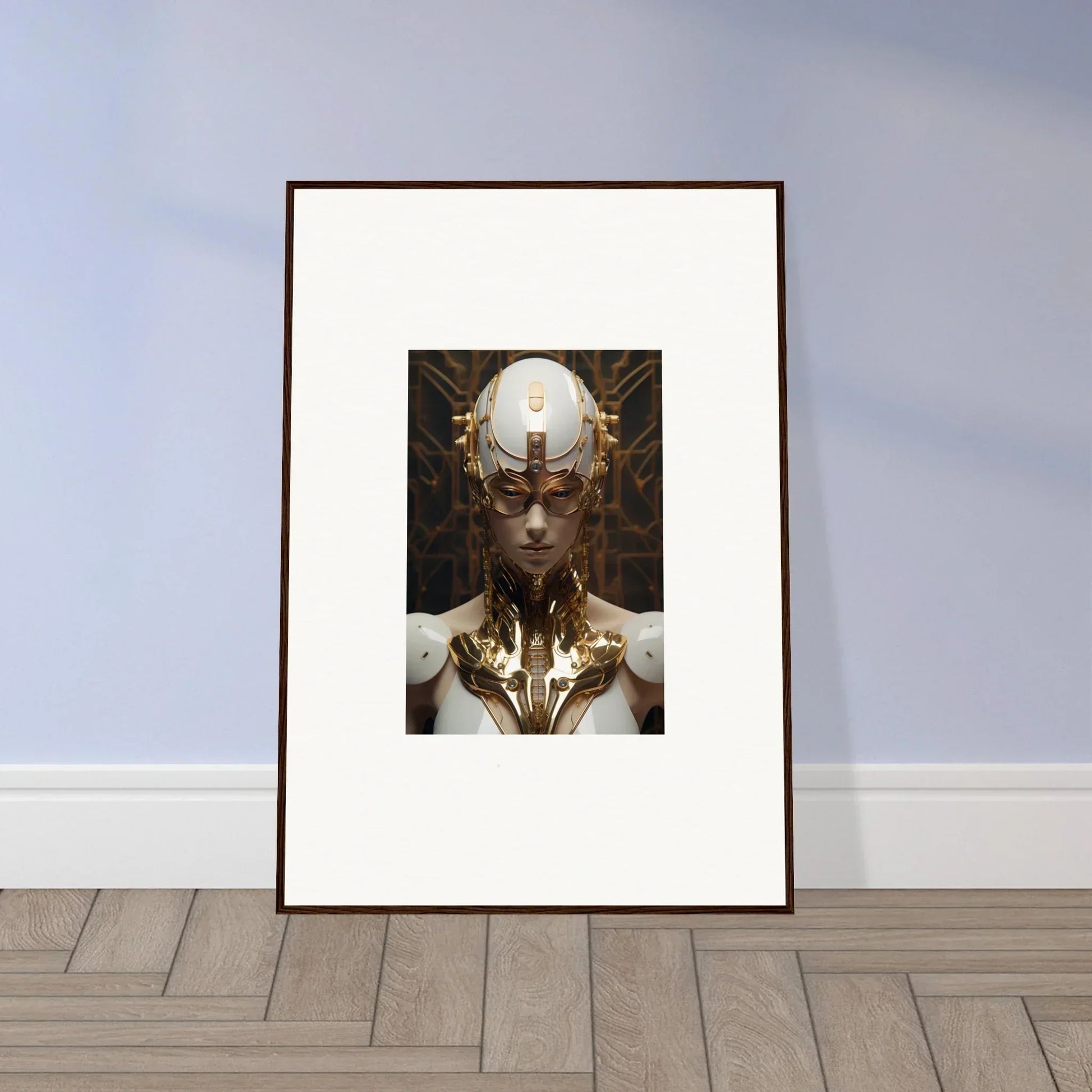 Surreal framed wall art of a golden figure for unique Hamlet Vanguard room decor