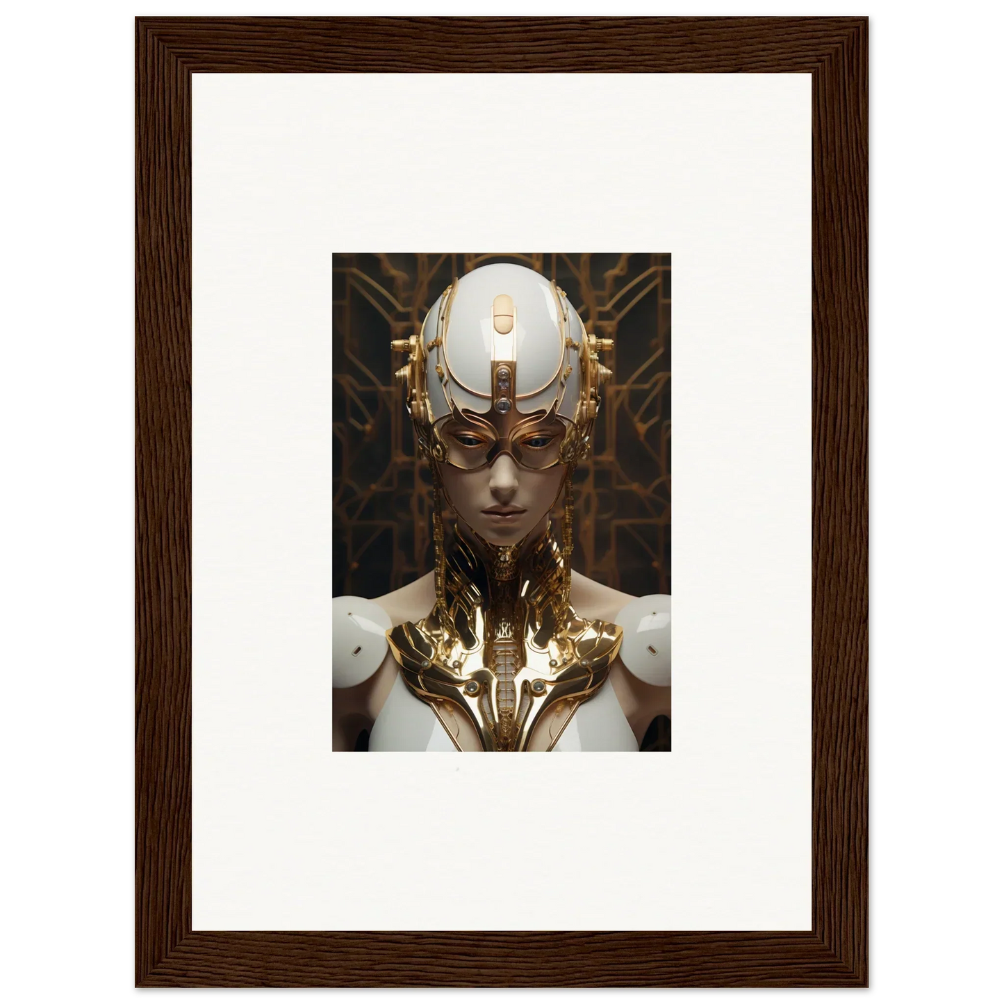 Framed wall art featuring a futuristic humanoid in gold, perfect for Hamlet Vanguard room decor