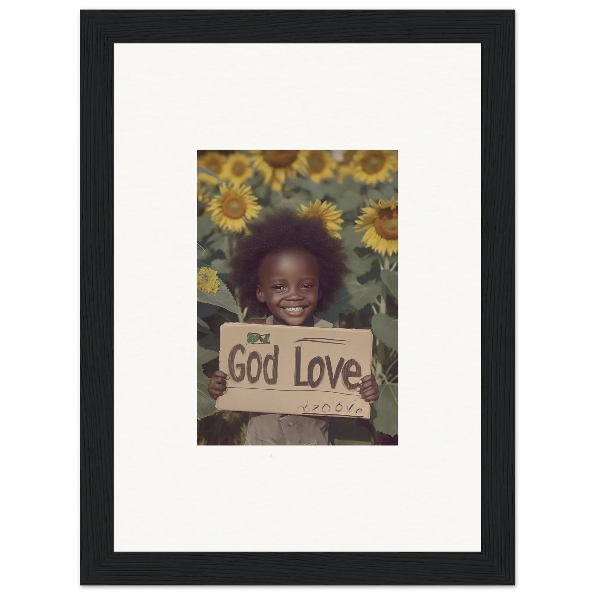 Framed wall art of a smiling child with God Love sign in sunflowers, daisetism unfolding