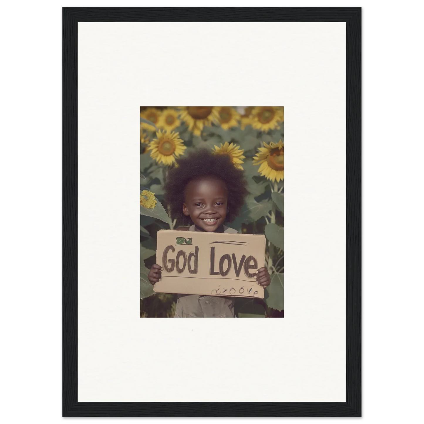 Framed wall art of child with God Love sign surrounded by sunflowers for Daisetism Unfolding