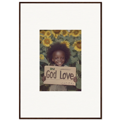 Framed wall art of a smiling child with a God Love sign and sunflowers for room decor