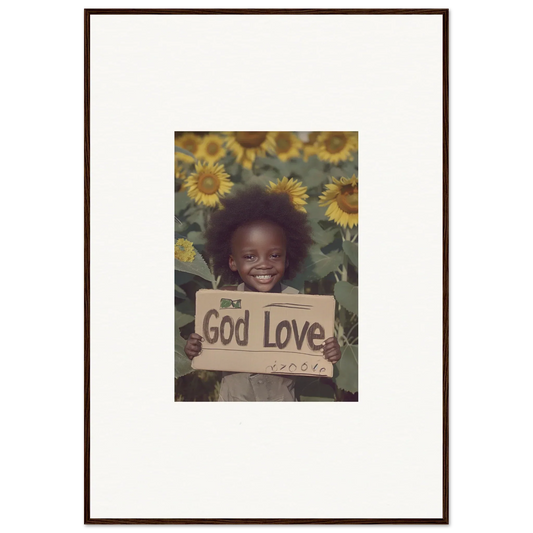 Framed wall art of a smiling child with a God Love sign and sunflowers for room decor