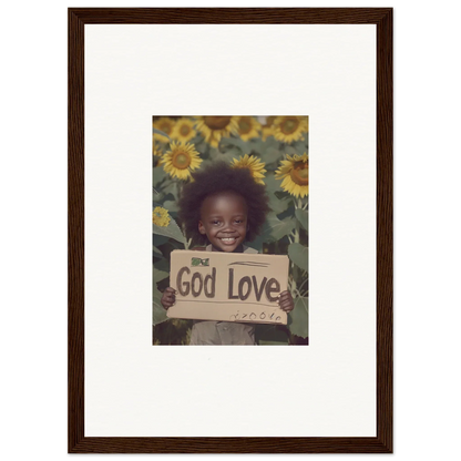 Framed wall art of a smiling child with God Love sign surrounded by sunflowers for daisetism unfolding room decor