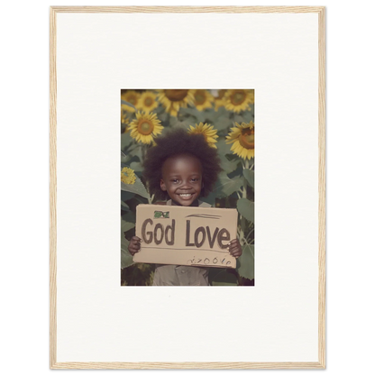 Framed wall art of a child with God Love sign amidst sunflowers for Daisetism Unfolding