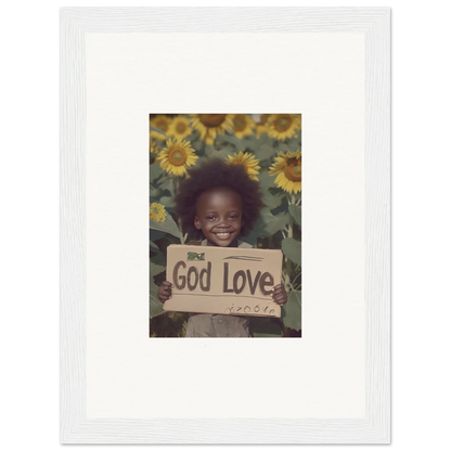 Framed wall art of a smiling child with a God Love sign, daisetism unfolding theme