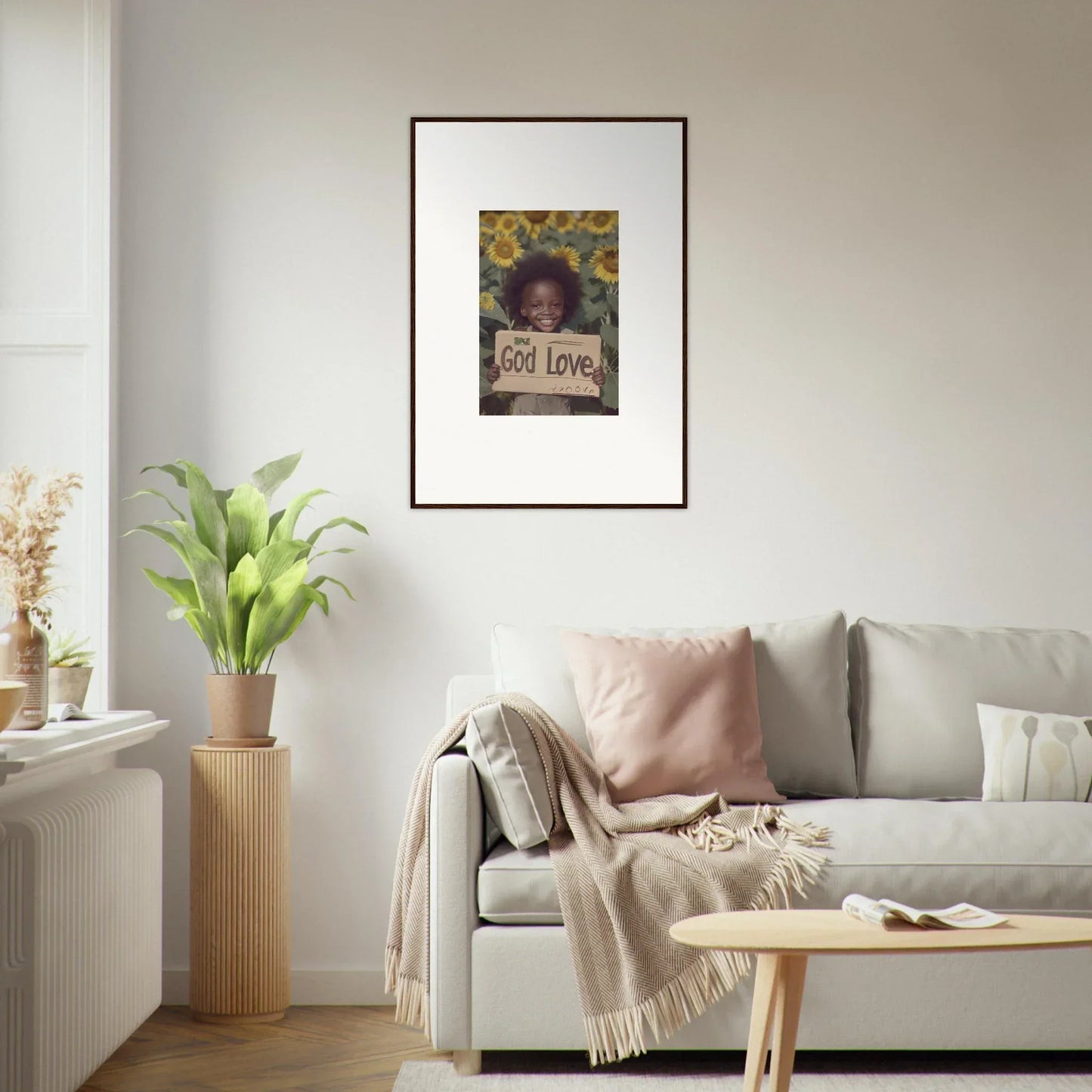 Framed wall art of a cat holding a Got Love sign for Daisetism Unfolding room decor